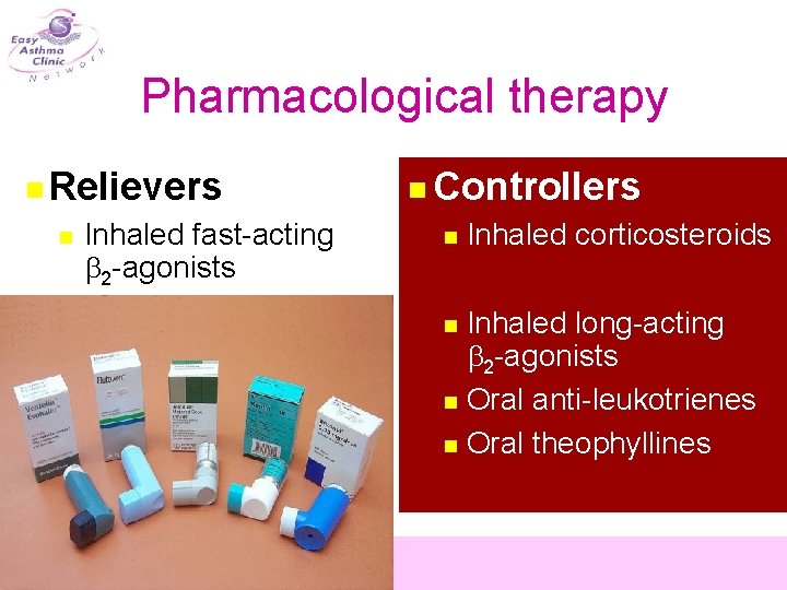 Pharmacological therapy n Relievers n Inhaled fast-acting b 2 -agonists n Controllers n Inhaled