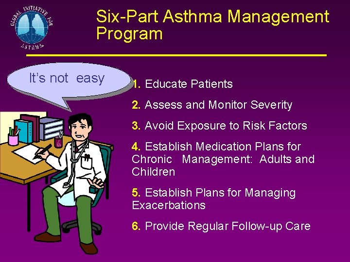 Six-Part Asthma Management Program It’s not easy 1. Educate Patients 2. Assess and Monitor