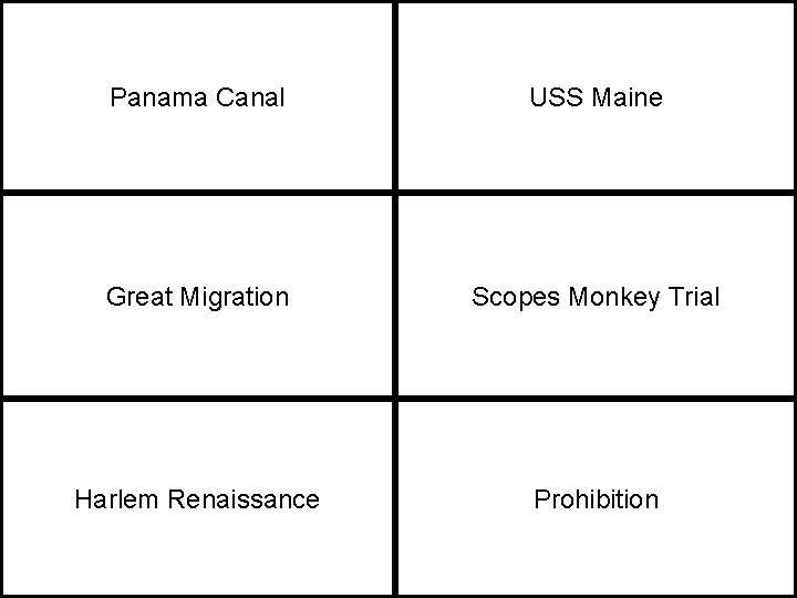 Panama Canal USS Maine Great Migration Scopes Monkey Trial Harlem Renaissance Prohibition 