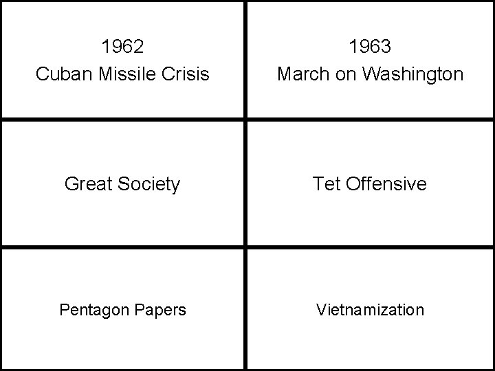 1962 Cuban Missile Crisis 1963 March on Washington Great Society Tet Offensive Pentagon Papers