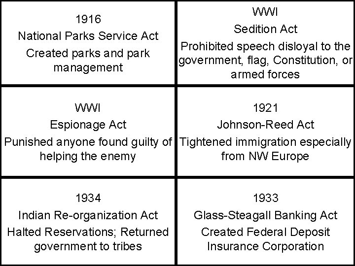 1916 National Parks Service Act Created parks and park management WWI Sedition Act Prohibited