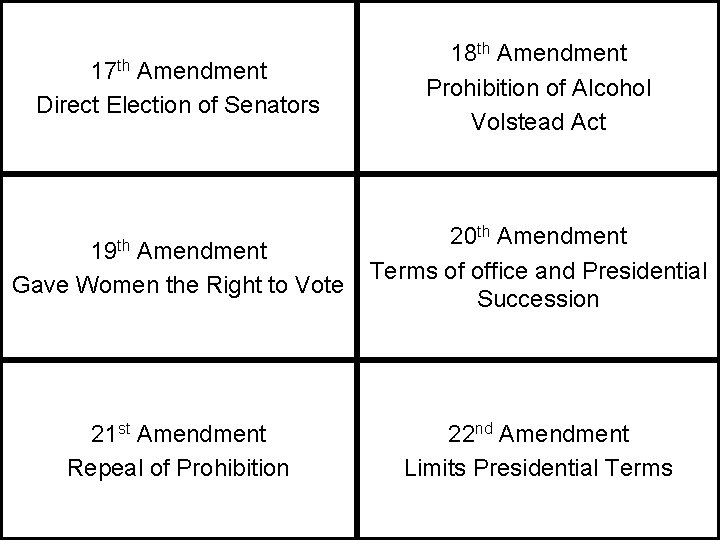 17 th Amendment Direct Election of Senators 18 th Amendment Prohibition of Alcohol Volstead