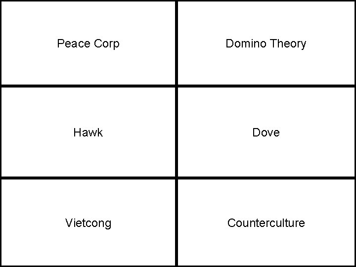 Peace Corp Domino Theory Hawk Dove Vietcong Counterculture 