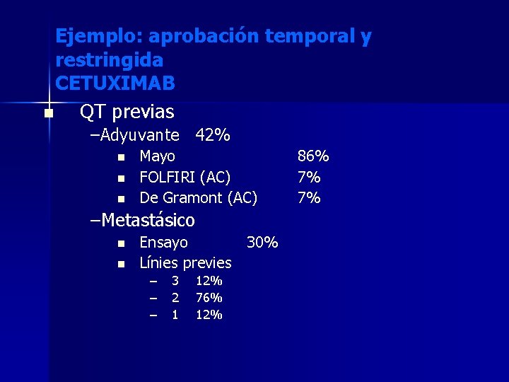 Ejemplo: aprobación temporal y restringida CETUXIMAB n QT previas –Adyuvante 42% n n n