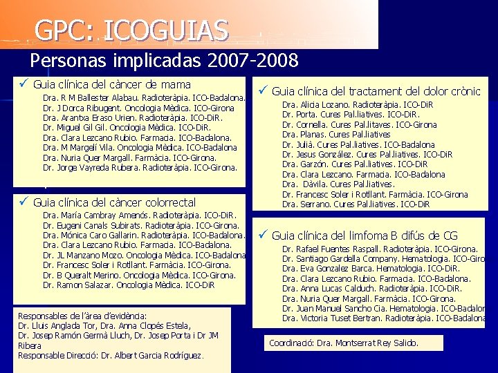 GPC: ICOGUIAS Personas implicadas 2007 -2008 ü Guia clínica del càncer de mama Dra.