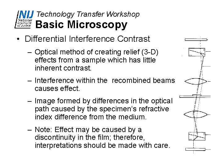 Technology Transfer Workshop Basic Microscopy • Differential Interference Contrast – Optical method of creating