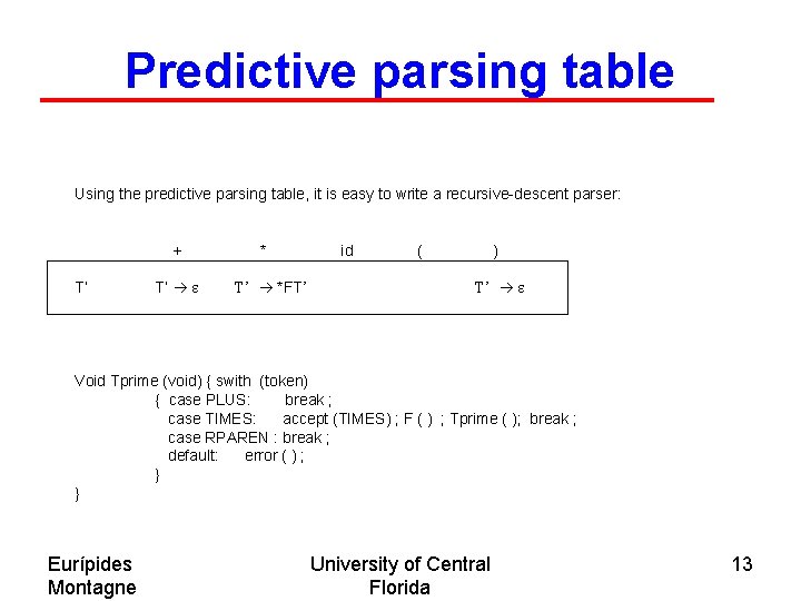 Predictive parsing table Using the predictive parsing table, it is easy to write a