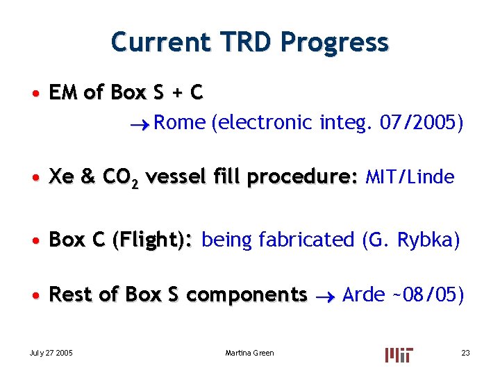 Current TRD Progress • EM of Box S + C Rome (electronic integ. 07/2005) Current TRD Progress • EM of Box S + C Rome (electronic integ. 07/2005)