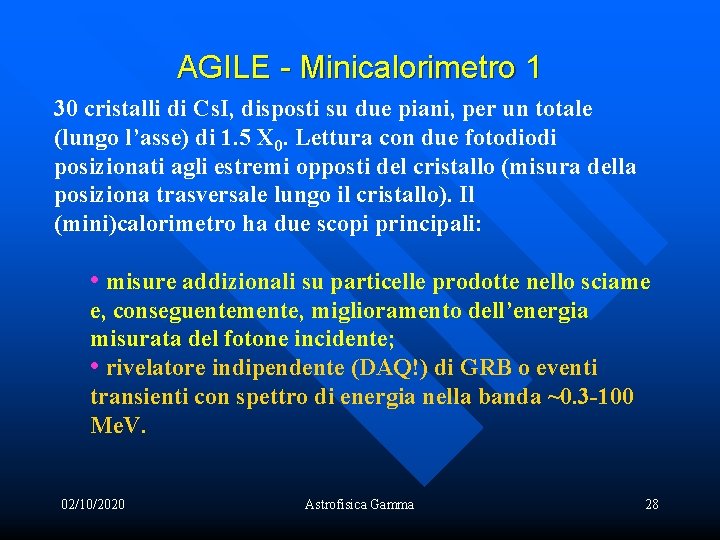 AGILE - Minicalorimetro 1 30 cristalli di Cs. I, disposti su due piani, per