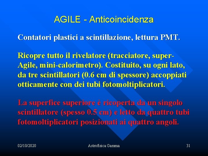 AGILE - Anticoincidenza Contatori plastici a scintillazione, lettura PMT. Ricopre tutto il rivelatore (tracciatore,