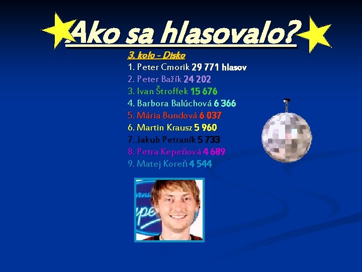 Ako sa hlasovalo? 3. kolo - Disko 1. Peter Cmorik 29 771 hlasov 2.