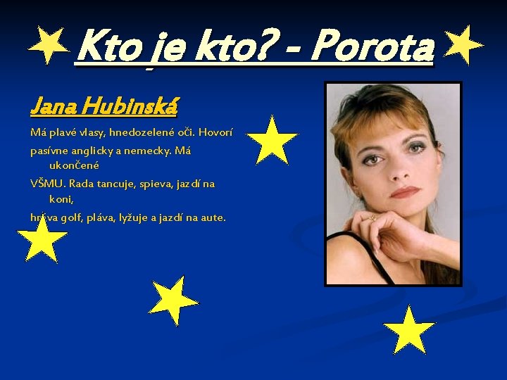 Kto je kto? - Porota Jana Hubinská Má plavé vlasy, hnedozelené oči. Hovorí pasívne