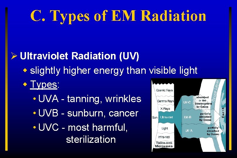 C. Types of EM Radiation Ø Ultraviolet Radiation (UV) w slightly higher energy than