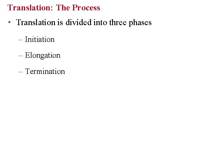 Translation: The Process • Translation is divided into three phases – Initiation – Elongation