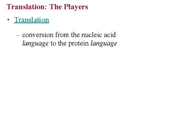 Translation: The Players • Translation – conversion from the nucleic acid language to the