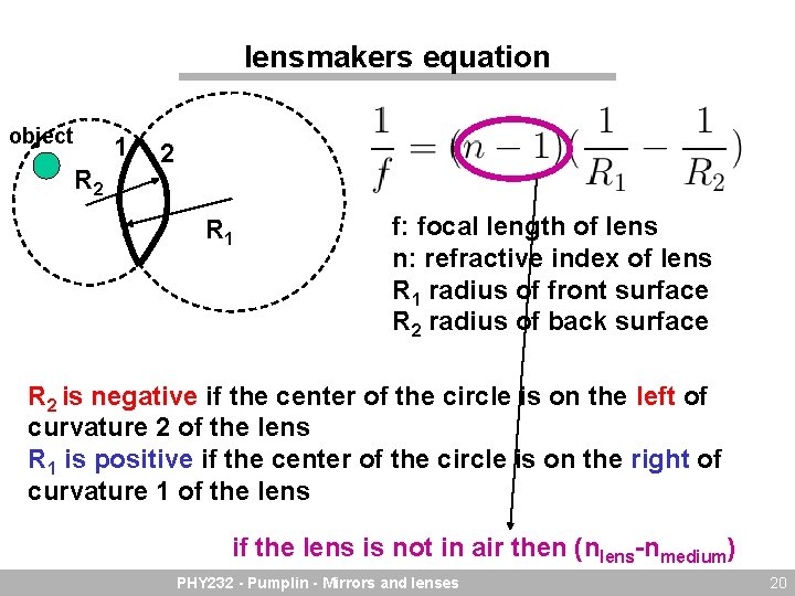 lensmakers equation object 1 R 2 2 R 1 f: focal length of lens