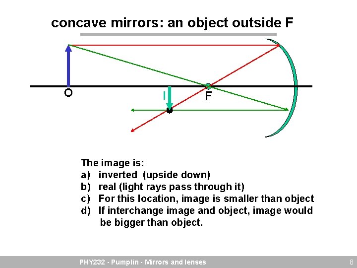 concave mirrors: an object outside F O I F The image is: a) inverted