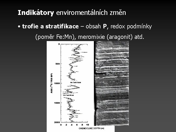 Indikátory enviromentálních změn • trofie a stratifikace – obsah P, redox podmínky (poměr Fe: