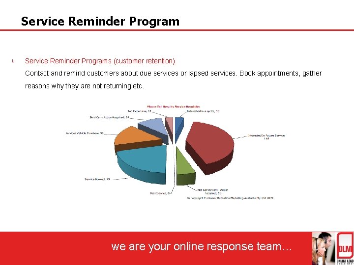 Service Reminder Programs (customer retention) Contact and remind customers about due services or lapsed
