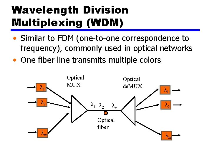 Wavelength Division Multiplexing (WDM) • Similar to FDM (one-to-one correspondence to frequency), commonly used