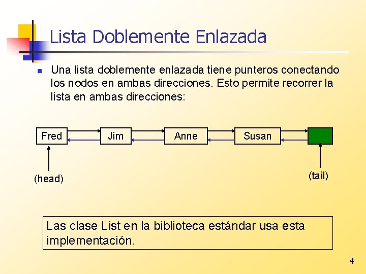 Lista Doblemente Enlazada n Una lista doblemente enlazada tiene punteros conectando los nodos en