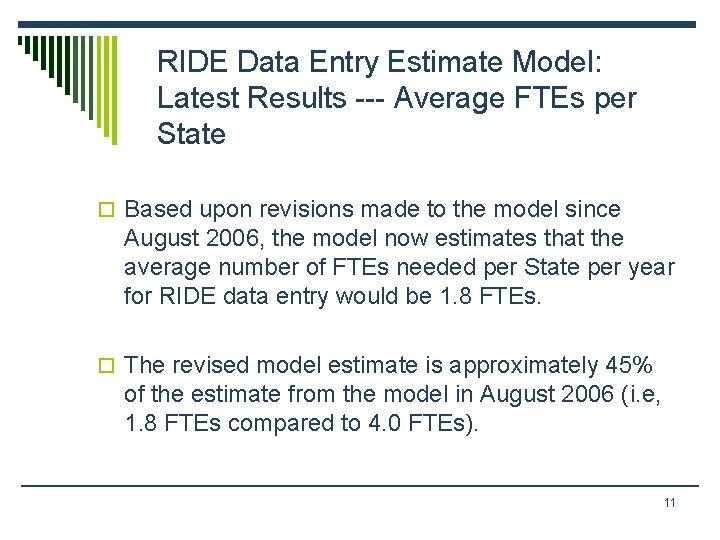 RIDE Data Entry Estimate Model: Latest Results --- Average FTEs per State o Based RIDE Data Entry Estimate Model: Latest Results --- Average FTEs per State o Based