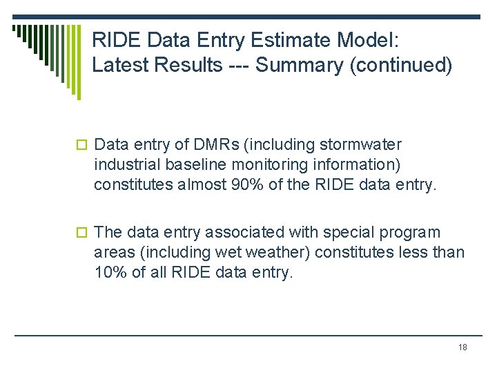 RIDE Data Entry Estimate Model: Latest Results --- Summary (continued) o Data entry of RIDE Data Entry Estimate Model: Latest Results --- Summary (continued) o Data entry of