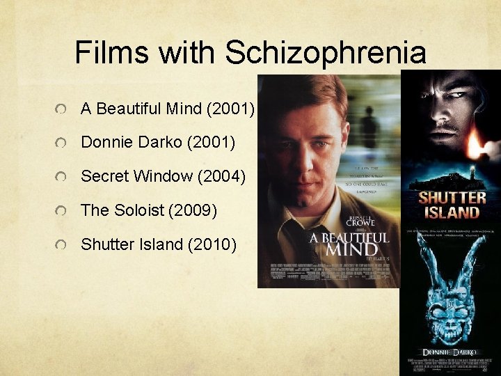 Films with Schizophrenia A Beautiful Mind (2001) Donnie Darko (2001) Secret Window (2004) The