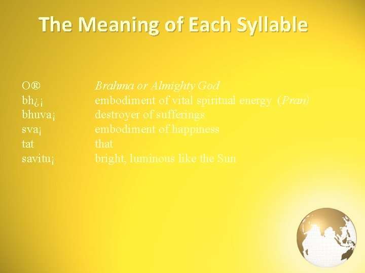 The Meaning of Each Syllable O® bh¿¡ bhuva¡ sva¡ tat savitu¡ Brahma or Almighty