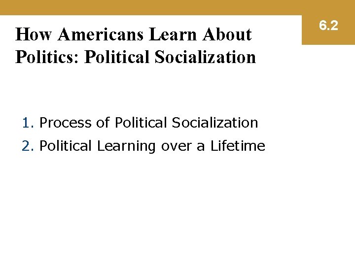 How Americans Learn About Politics: Political Socialization 1. Process of Political Socialization 2. Political