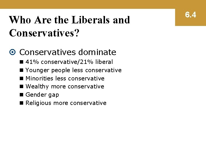 Who Are the Liberals and Conservatives? Conservatives dominate n n n 41% conservative/21% liberal