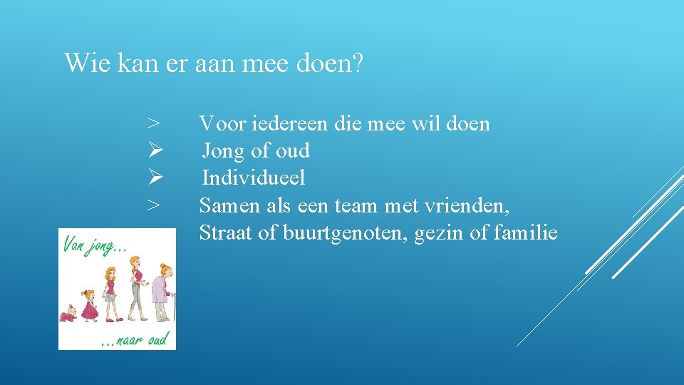 Wie kan er aan mee doen? > Ø Ø > Voor iedereen die mee