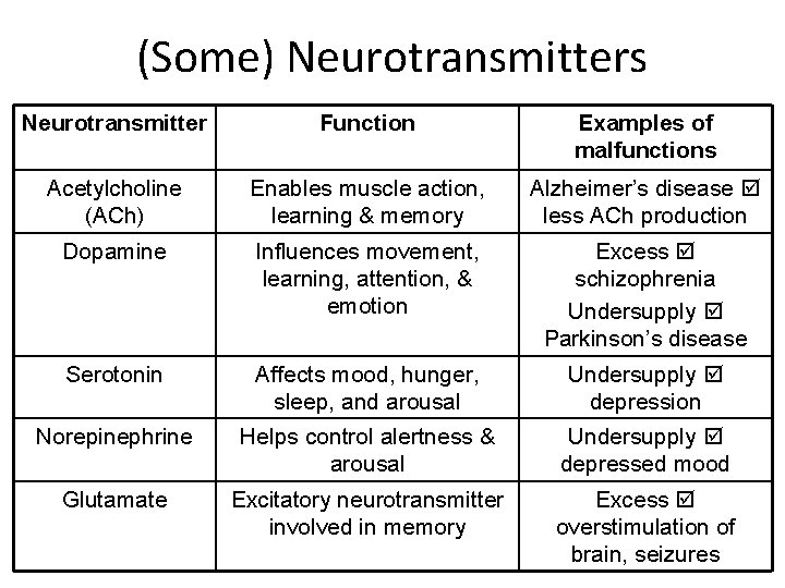 (Some) Neurotransmitters Neurotransmitter Function Examples of malfunctions Acetylcholine (ACh) Enables muscle action, learning &