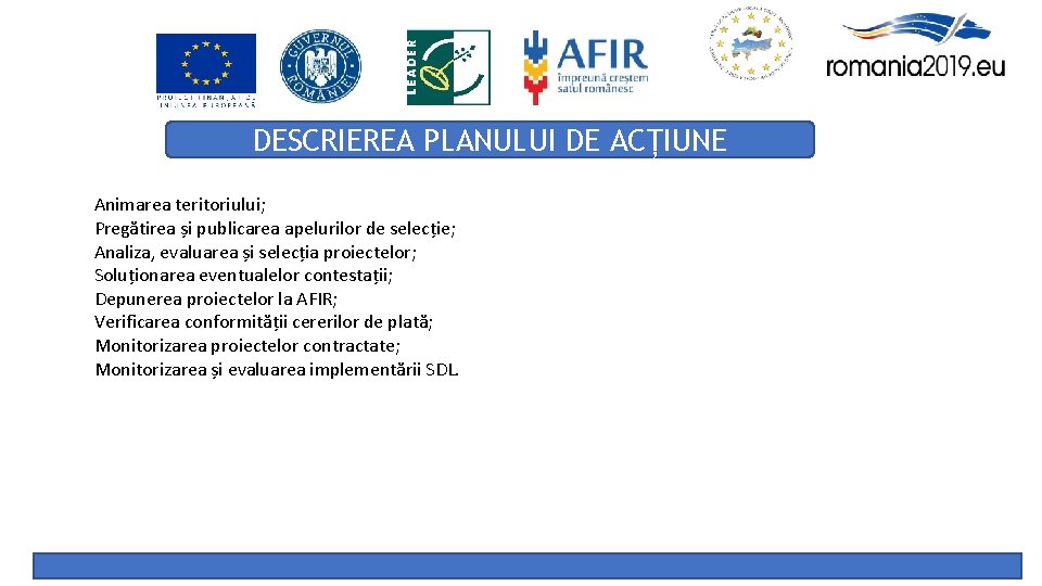 DESCRIEREA PLANULUI DE ACȚIUNE Animarea teritoriului; Pregătirea și publicarea apelurilor de selecție; Analiza, evaluarea