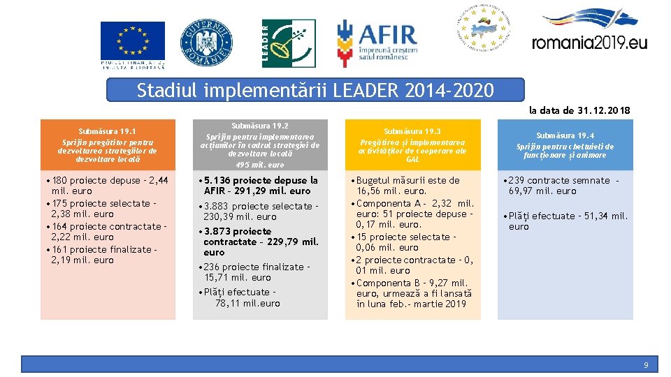 Stadiul implementării LEADER 2014 -2020 la data de 31. 12. 2018 Submăsura 19. 1