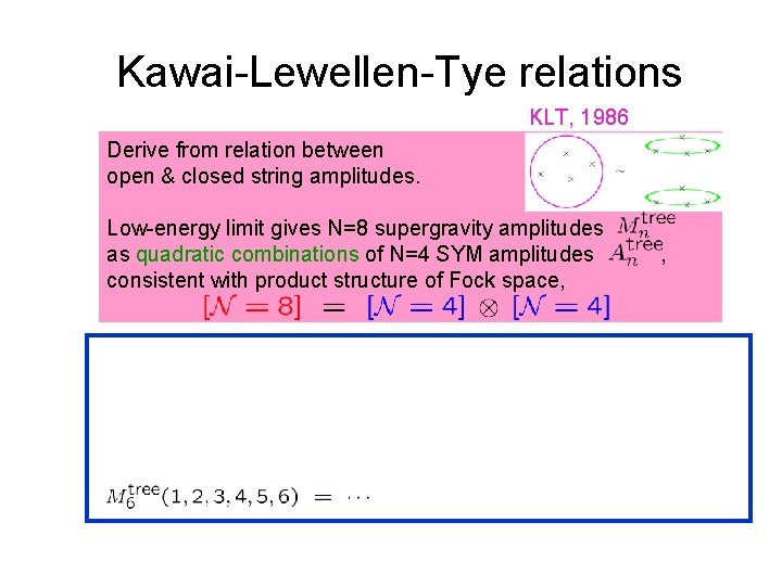 Kawai-Lewellen-Tye relations KLT, 1986 Derive from relation between open & closed string amplitudes. Low-energy