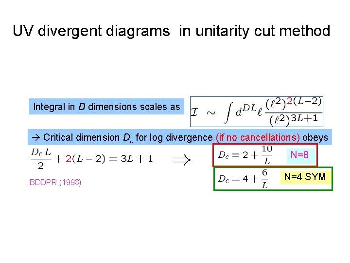 UV divergent diagrams in unitarity cut method Integral in D dimensions scales as Critical