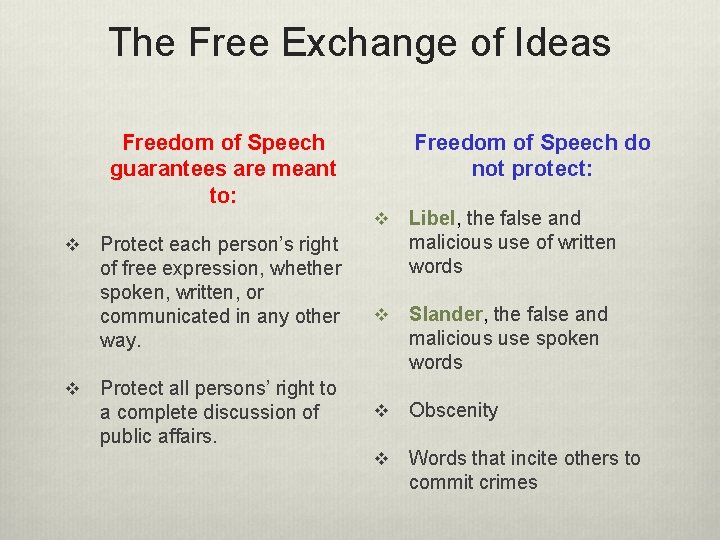 The Free Exchange of Ideas Freedom of Speech guarantees are meant to: v v