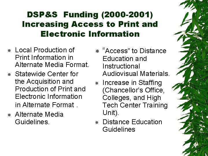 DSP&S Funding (2000 -2001) Increasing Access to Print and Electronic Information Local Production of