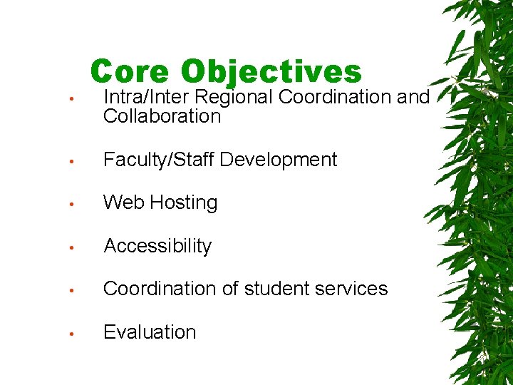  • Core Objectives Intra/Inter Regional Coordination and Collaboration • Faculty/Staff Development • Web