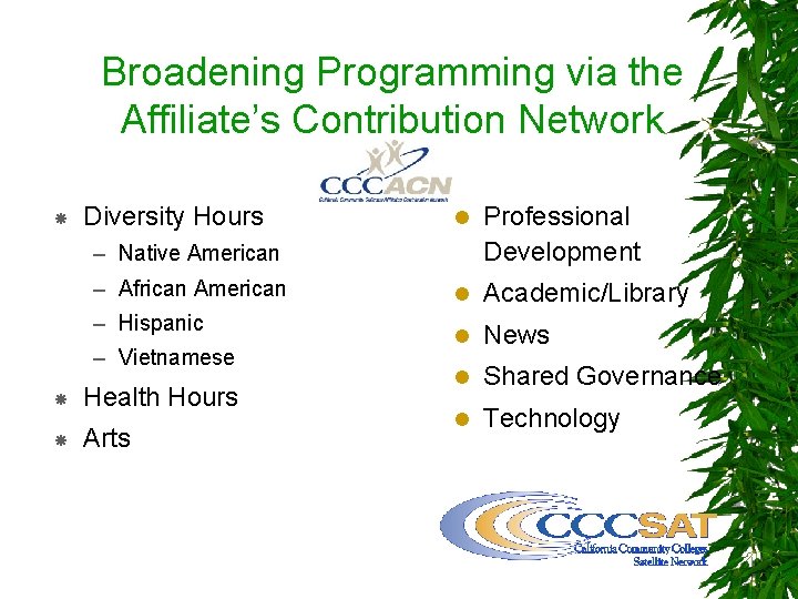 Broadening Programming via the Affiliate’s Contribution Network Diversity Hours l Professional Development l Academic/Library