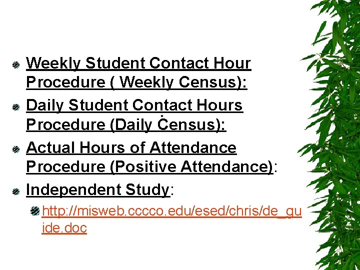Weekly Student Contact Hour Procedure ( Weekly Census): Daily Student Contact Hours. Procedure (Daily