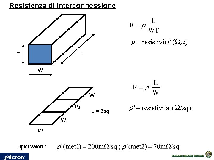Resistenza di interconnessione r = resistivita' (Wm ) L T W W W Tipici