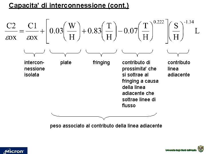 Capacita' di interconnessione (cont. ) interconnessione isolata plate fringing contributo di prossimita' che si