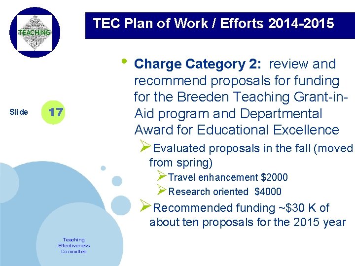 TEC Plan of Work / Efforts 2014 -2015 Company LOGO Slide 17 • Charge