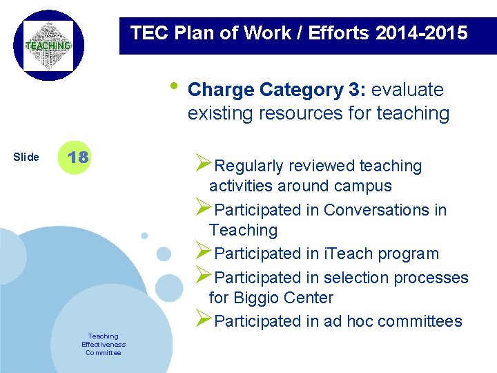 TEC Plan of Work / Efforts 2014 -2015 Company LOGO Slide 18 Teaching Effectiveness