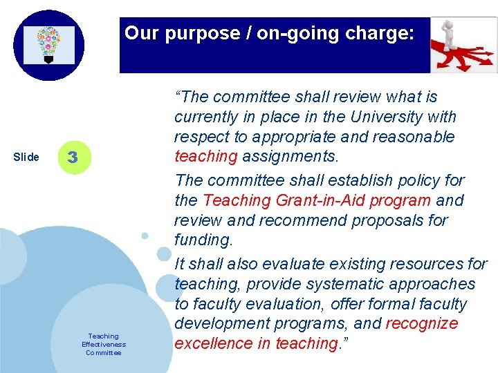 Our purpose / on-going charge: Company LOGO Slide 3 Teaching Effectiveness Committee “The committee