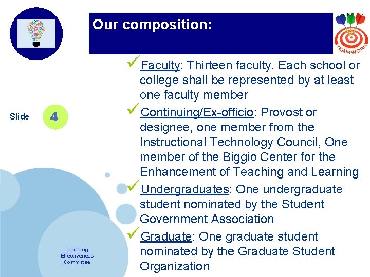 Our composition: Company LOGO Slide 4 Teaching Effectiveness Committee üFaculty: Thirteen faculty. Each school
