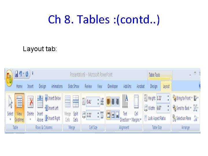 Ch 8. Tables : (contd. . ) Layout tab: 