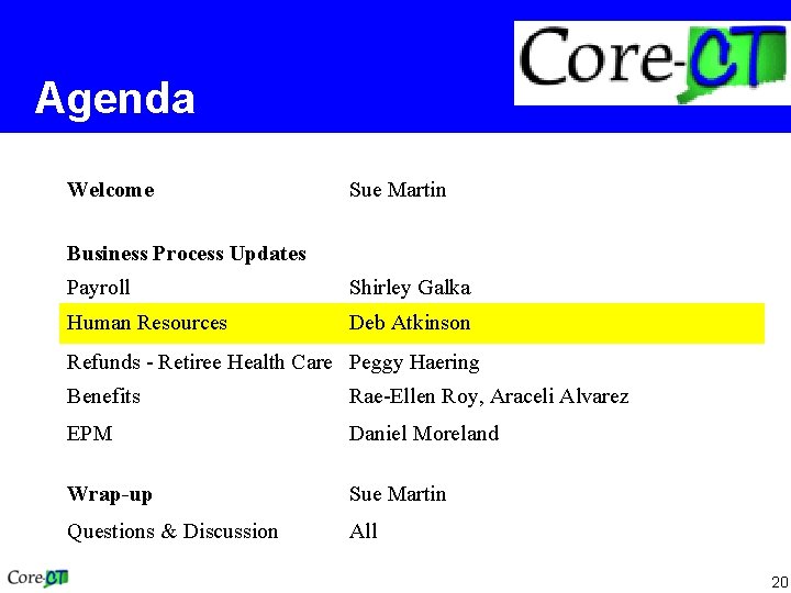 Agenda Welcome Sue Martin Business Process Updates Payroll Shirley Galka Human Resources Deb Atkinson
